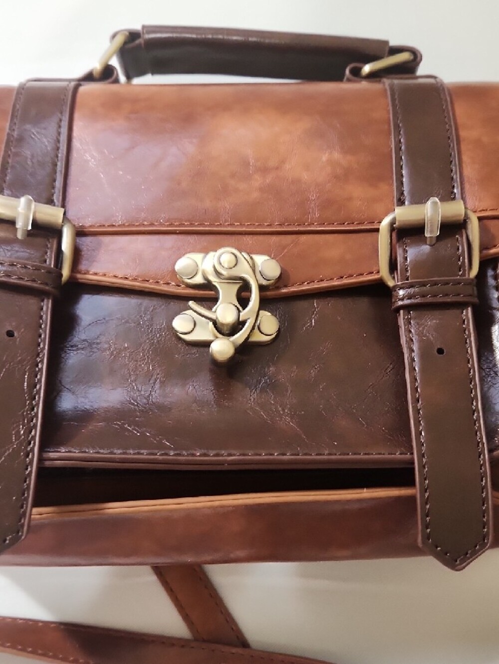 Two-Tone Brown Leather Satchel with Adjustable Strap - Picture 6 of 16